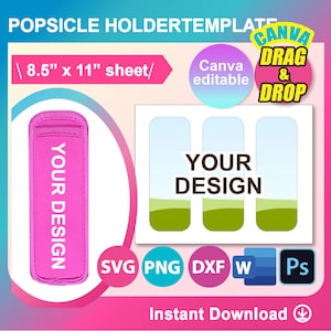 Puede incluir: Una plantilla imprimible para portavasos de paletas. La plantilla incluye tres portavasos de paletas con el texto "YOUR DESIGN" y un solo portavasos de paletas con el texto "YOUR DESIGN" en rosa. La plantilla mide 8,5 pulgadas por 11 pulgadas y está disponible en los formatos SVG, PNG, DXF y Photoshop.