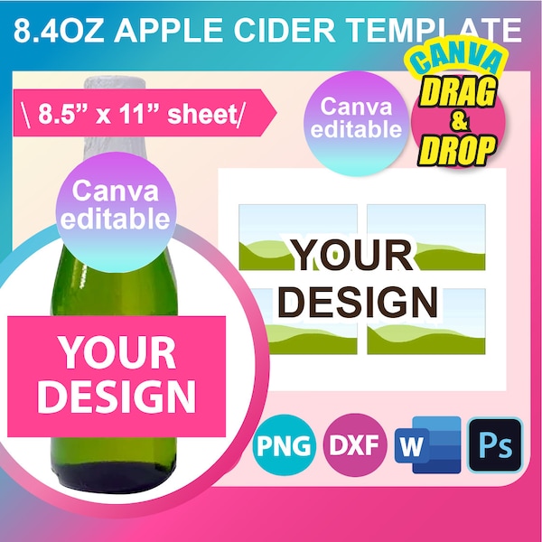 8.4oz Apple Cider Bottle Label Template, Mini wine bottle Labels, SVG, DXF, Canva, Ms Word Docx, Png, PSD, 8.5"x11" sheet, Printable