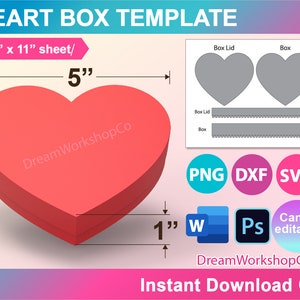 Herz Box Vorlage, Box mit Deckel Vorlage, Hochzeit Geschenkbox Box, Geschenkbox Vorlage, Frau Wort, PSD, PNG, SVG, Dxf, 8,5 x 11 Blatt, bedruckbar