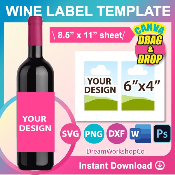 750ml Wine Bottle Label Template, Wine Label Template, SVG, Canva, DXF, Ms Word Docx, Png, PSD, 8.5"x11" sheet, Printable