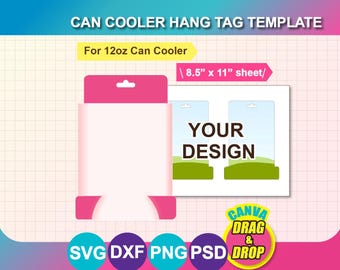 May include: A pink and white can cooler hang tag template with the text "CAN COOLER HANG TAG TEMPLATE" and "For 12oz Can Cooler". The design includes a space for a custom design and the text "YOUR DESIGN". The template is for an 8.5" x 11" sheet.
