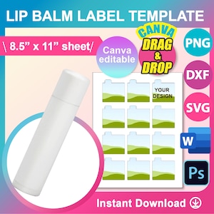 Lipbalm Label Template, Sublimation Template, Canva, SVG, DXF, Canva, DOCX, Png, Psd,  8.5x11" sheet, Printable, Instant Download
