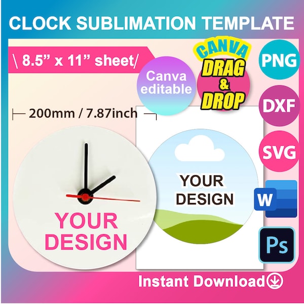 20cm Clock Sublimation Template, Canva, Ms word, PSD, PNG, SVG, Dxf, 8.5 x 11 sheet, Printable, Instant Download