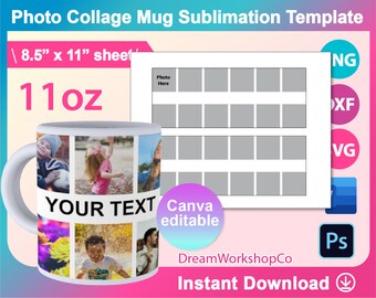 11oz Mug Template, Photo Collage Mug Template, Sublimation Template, SVG,  Canva, DXF, Ms Word Docx, Png, Psd, 8.5"x11" sheet, Printable