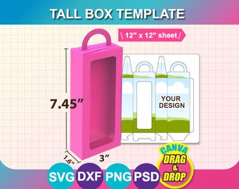 7.45" Tall Box Template, Tall Window Box, Box with Handle Template, Doll Box, Canva, SVG, DXF, Ms Word Docx, Png, Psd, 12 x 12 sheet