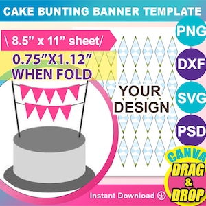Cake Bunting Banner Template, Canva, Ms word, PSD, PNG, SVG, Dxf, 8.5x11&quot; sheet, Printable, Instant Download