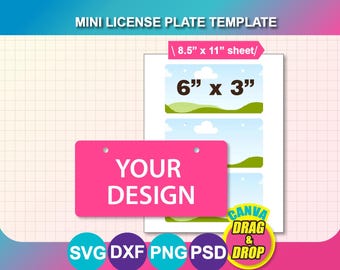 Mini License Plate Template: Customizable SVG, Canva, PNG, PSD (8.5x11" Sheet) (Digital Download)