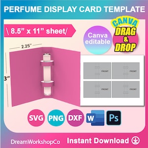 Parfumvoorbeeld displaykaartsjabloon, parfum displaykaartsjabloon, SVG, DXF, Canva, DOCX, png, psd, vel 8,5 x 11 inch, afdrukbaar