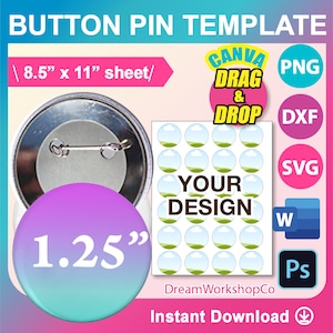 1.25inch Button Pin Template, 1.25inch Pin Button Template, Canva, SVG, DXF, Ms Word docx, Png, Psd, 8.5&quot;x11&quot;
