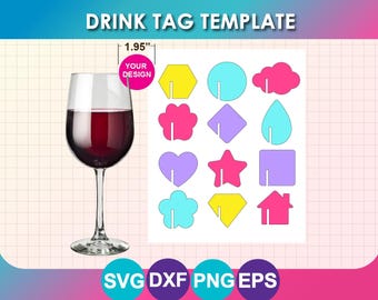 Party Drink Tag, Wine Glass Tag Template, wine name tag, (svg, dxf, png, psd, Canva), Printable (8.5"x11" sheet)