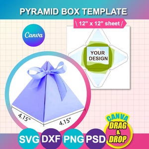 Può includere: Un modello di scatola a piramide viola chiaro con un nastro abbinato, che misura 10,5 cm per lato. L'immagine include un diagramma per un foglio di 30,5 cm x 30,5 cm e il testo "PYRAMID BOX TEMPLATE" e "CANVA DRAG & DROP".
