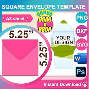 5.25 x 5.25 正方形封筒テンプレート、Ms word、Canva、PSD、PNG、SVG、Dxf、A3 シート、印刷可能、即時ダウンロード