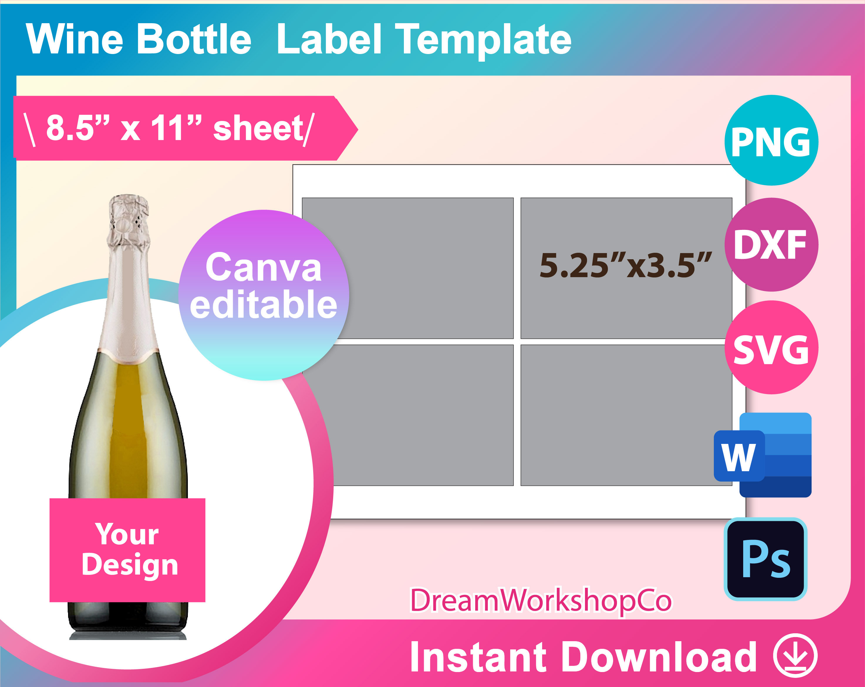 750ml Champagne Wine bottle Label Template , SVG, DXF, Canva, Ms Word Docx, Png, PSD, 8.5