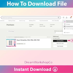 K&ouml;nnte beinhalten: Screenshot einer Etsy-Kaufbest&auml;tigungsseite, die einen digitalen Download einer quadratischen Vorlage in den Formaten SVG, PNG, DXF und PSD zeigt. Der Download-Button ist mit einem roten Pfeil hervorgehoben.