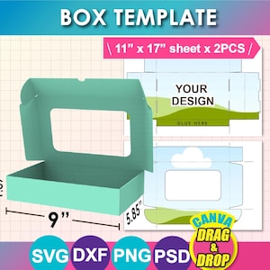 May include: A teal box template with dimensions of 9" x 5.85" x 1.87" and a window. The design includes a flat, unfolded box template with the text "YOUR DESIGN" and "GLUE HERE". The image also includes the text "BOX TEMPLATE" and "11" x 17" sheet x 2PCS /".