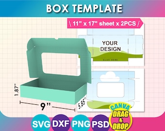 Puede incluir: Una plantilla de caja turquesa con dimensiones de 22,86 cm x 14,86 cm x 4,75 cm y una ventana. El diseño incluye una plantilla de caja plana y desplegada con el texto "YOUR DESIGN" y "GLUE HERE". La imagen también incluye el texto "BOX TEMPLATE" y "11" x 17" sheet x 2PCS /".