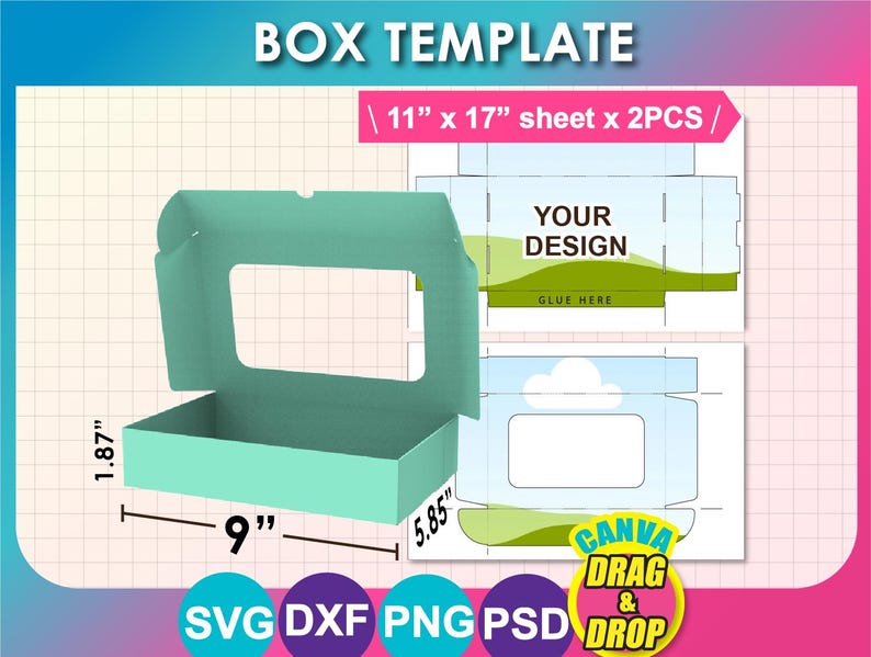 May include: A teal box template with dimensions of 22.86cm x 14.86cm x 4.75cm and a window. The design includes a flat, unfolded box template with the text "YOUR DESIGN" and "GLUE HERE". The image also includes the text "BOX TEMPLATE" and "11" x 17" sheet x 2PCS /".
