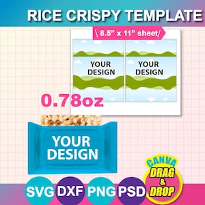 Può includere: Un modello per un design di barretta di riso soffiato. L'immagine include un mockup di una barretta confezionata, un foglio di due design e il testo "YOUR DESIGN". Il testo "RICE CRISPY TEMPLATE" è in alto. Il foglio misura 21,6 cm x 28 cm e la barretta pesa 22 g.