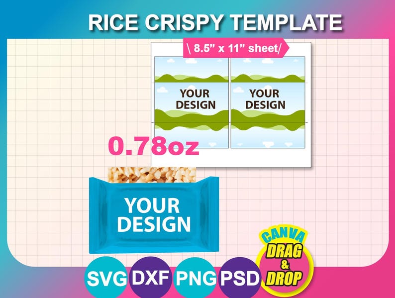 Może przedstawiać: Szablon projektu dla batonika ryżowego. Obraz zawiera makietę zapakowanego batonika, arkusz z dwoma projektami oraz tekst "YOUR DESIGN". Tekst "RICE CRISPY TEMPLATE" znajduje się na g&oacute;rze. Arkusz ma wymiary 21,6 cm x 28 cm, a batonik waży 22 g.