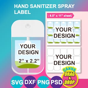 Op de afbeelding: Een handdesinfecterende sprayfles met een label "YOUR DESIGN" van 5,08 cm x 5,59 cm. De afbeelding toont ook een vel labels, elk met ruimte voor een ontwerp, en de tekst "8,5" x 11" sheet".
