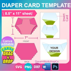 5&quot;x7&quot; Diaper Card Template, Baby Announcement, Baby Shower Invitaiton, SVG, DXF, Ms Word Docx, Png, Psd, 8.5&quot;x11&quot; sheet, Printable
