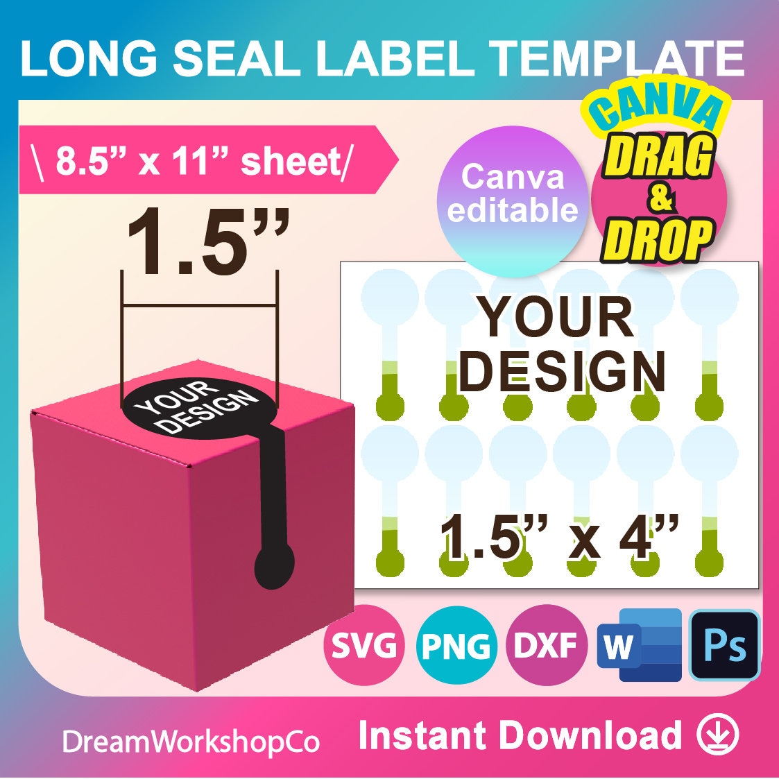 Long Seal label Template, Box Seal Label, Circle Label template, SVG, DXF, Circle Label template, Canva, Ms Word, Psd, 8.5"x11", 6"x4" sheet