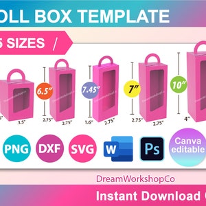 Bundle Tall Box Template, Box with Handle Template,  Window Box, Tall Box Svg, Doll Box, Gift Box, Canva, SVG, DXF, Ms Word Docx, Png, Psd