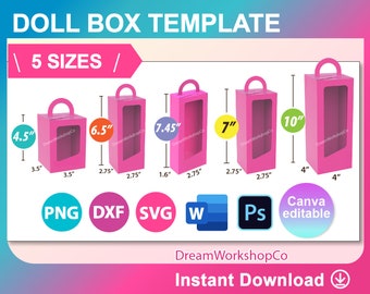 Paquete de plantilla de caja alta, caja con plantilla de asa, caja de ventana, caja alta Svg, caja de muñecas, caja de regalo, Canva, SVG, DXF, Ms Word Docx, Png, Psd