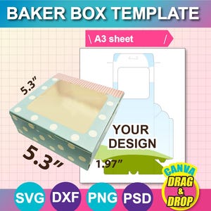 No-Glue Window Box Template, Cake Box, Bow Box Template, Cookie Box SVG, Bakery Box, DXF, Canva, Ms Word Docx, Png, Psd, A3 size sheet