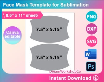 Face Mask Template, Face Mask Template for Sublimation, Canva, Ms word, PSD, PNG, SVG, Dxf, 8.5 x 11 Letter size sheet, Printable