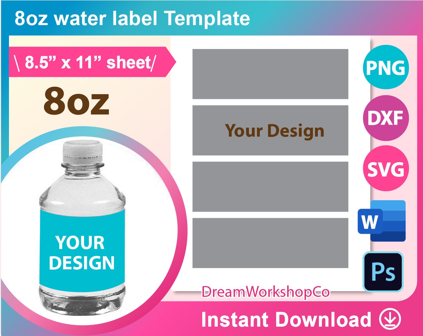 8oz Water Bottle label, Mini water bottle labels, Water bottle Labels, SVG, DXF, Ms Word Docx, Png, PSD, 8.5