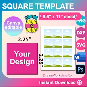 2.25 x 2.25 Square Template, Square sticker template, Square Label Template,  Magnet template, SVG, DXF,  Docx, Png, Psd, 8.5&quot;x11&quot; sheet
