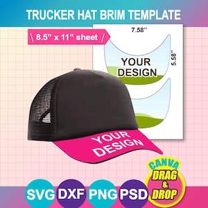 Puede incluir: Gorra de camionero negra con visera rosa, con el texto "YOUR DESIGN". Una plantilla muestra dimensiones de 19,25 cm y 14,17 cm para la colocación del diseño. También incluye el texto "CANVA DRAG & DROP".