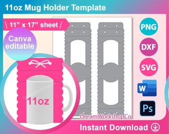 Scalloped 11oz Mug Holder Template, Mug Box Template, Mug Gift Box Template, Canva, SVG, DXF, Ms Word Docx, Png, Psd, 11" x 17" size sheet