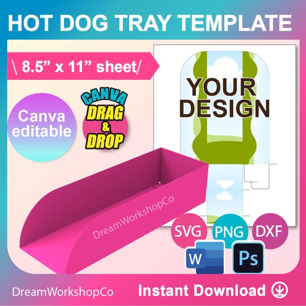7" Hot Dog Holder Template, Hot Dog Box Template Canva, SVG, DXF, Ms Word Docx, Png, Psd, 8.5"x11" sheet, Printable