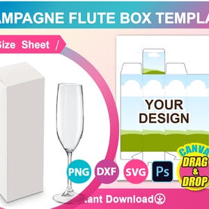 Champagne Flute Box, Wine Glass Box Template, Canva, Ms word, PSD, PNG, SVG, Dxf, A3 sheet, Printable, Instant Download