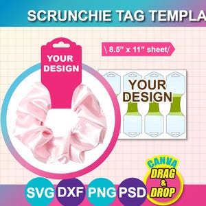 Könnte beinhalten: Rosa Scrunchie-Etikettenvorlage mit dem Text "SCRUNCHIE TAG TEMPLATE" oben. Das Design umfasst ein rosa Scrunchie und Etikett mit den Worten "YOUR DESIGN". Die Blattgröße beträgt 21,6 cm x 27,9 cm.