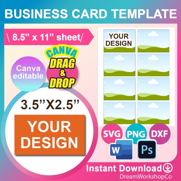 Business Card Template, SVG, DXF, Ms Word docx, Canva, Png, Psd, 8.5"x11" sheet, Printable, Instant Download