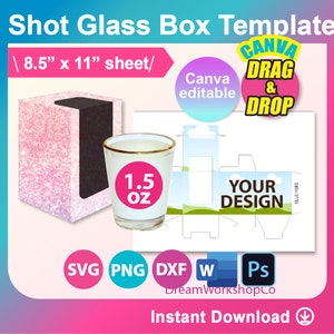 1.5oz Shot Glass Gift Box Template, window box. Sublimation, Ms word, Canva, PSD, PNG, SVG, Dxf, 8.5&quot;x11&quot; sheet, Printable, Instant Download