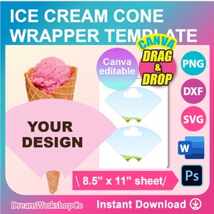 Eistüte Wrapper Vorlage, leere Vorlage Canva, PSD, SVG, DXF, Frau Word Docx, Png, 8,5 "x 11" Blatt