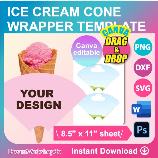 Ice Cream Cone Wrapper Template, Blank Template Canva, PSD, SVG, DXF, Ms Word Docx, Png, 8.5"x11" sheet