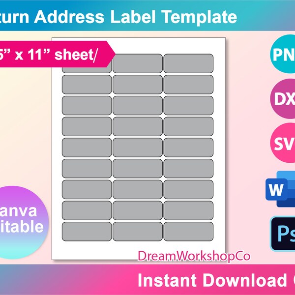 Round Corner Return Address Labels, SVG, DXF, Ms Word Docx, Canva, Png, PSD, 8.5"x11" sheet, Printable