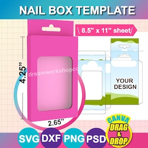 ネイルディスプレイボックス、ネイルボックステンプレート、SVG、DXF、Canva、Ms Word Docx、Png、PSD、8.5インチ×11インチシート、印刷可能