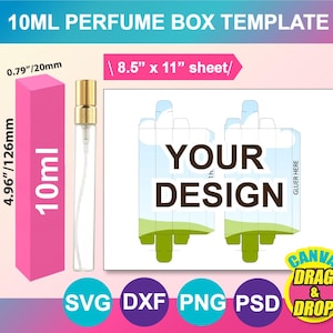 May include: A pink 10ml perfume box template with dimensions of 126mm x 20mm and a perfume bottle. The design includes a template for a perfume box with the text "YOUR DESIGN" and the words "CANVA DRAG & DROP".