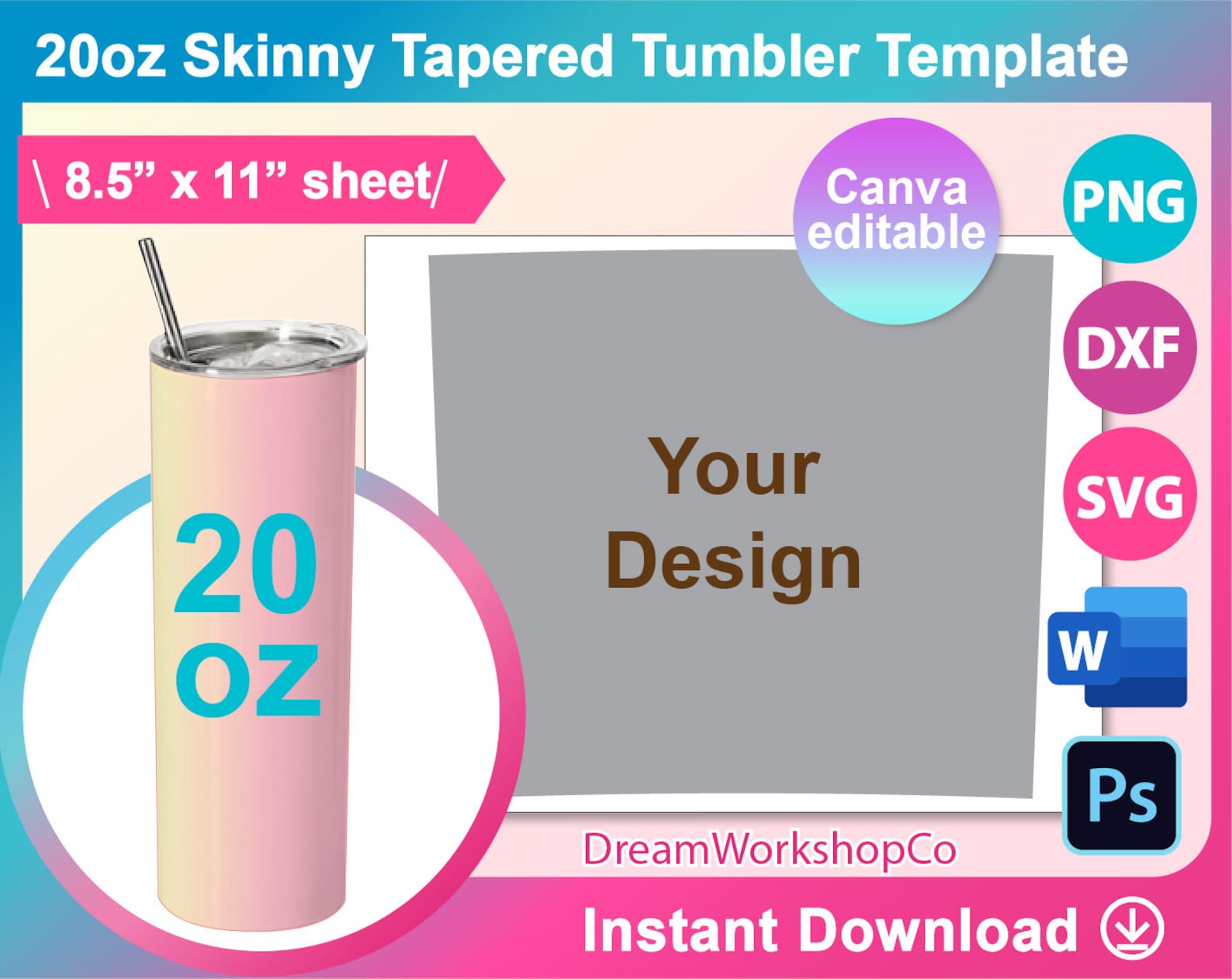 20oz Taper Skinny Tumbler Template Sublimation Canva Ms Etsy