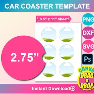 May include: Printable template for six 2.75 inch car coasters. The template features a simple design with a green field and a blue sky. The template is available in PNG, DXF, SVG, and Photoshop formats. The template is an instant download.
