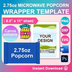 Microwave PopCorn Wrapper Template, SVG, DXF, Canva, Ms Word Docx, Png, PSD, 8.5&quot;x11&quot; sheet, Printable