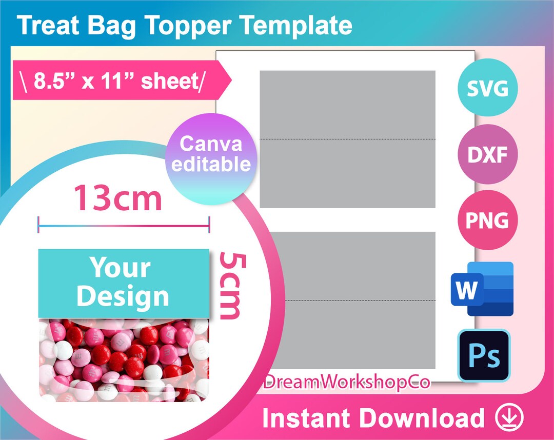 Treat Bag Topper Template, SVG, DXF, Canva, Ms Word Docx, Png, PSD, 8 ...
