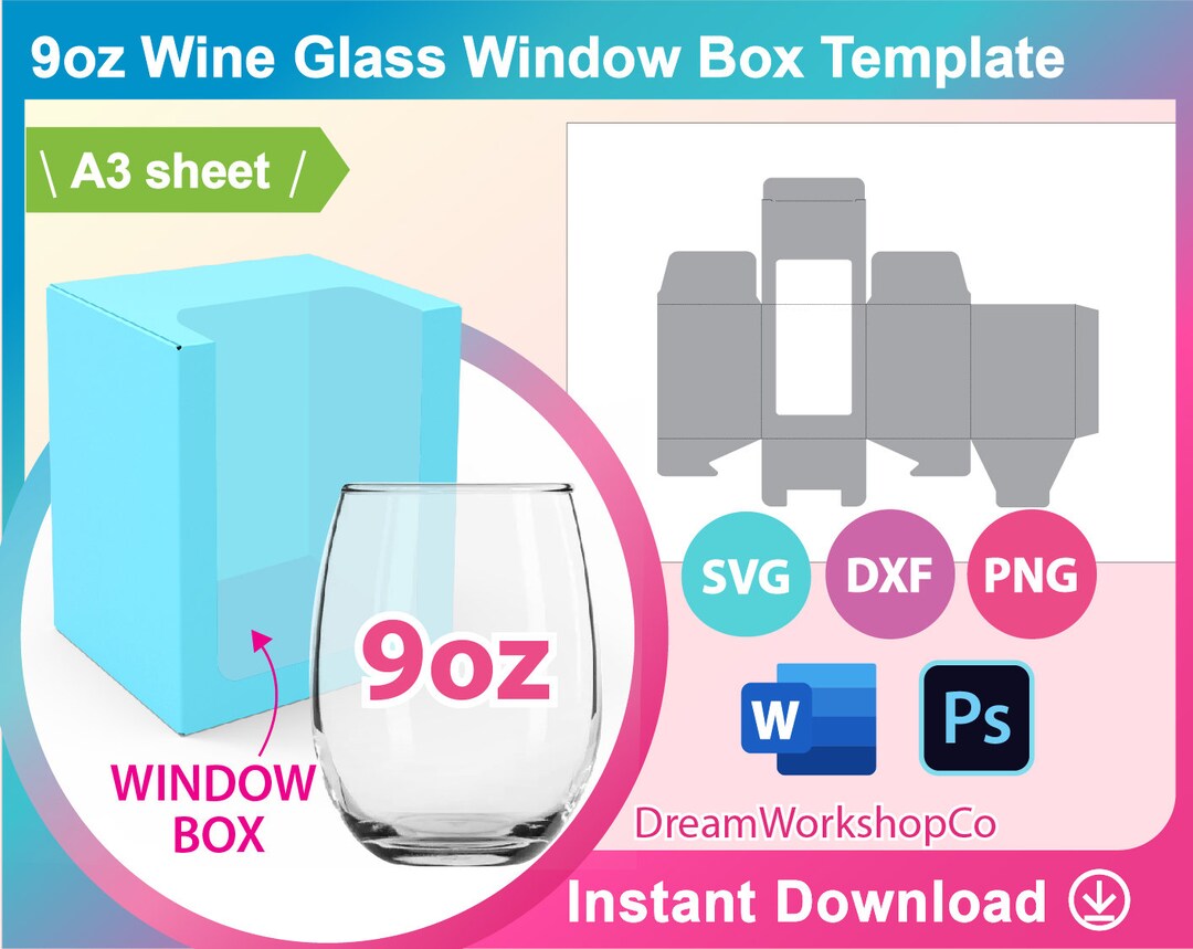 9oz Wine Glass Box Template, Sublimation, Ms Word, PSD, PNG, SVG, Dxf