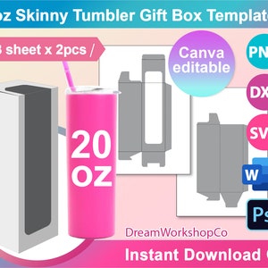 20oz Skinny Tumbler Box Template, Gift Box Template,  Window Box Template, Canva, SVG, DXF, Ms Word Docx, Png, Psd, A3 size sheet, Printable